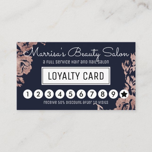 Rose Gold Flowers Navy Blue Loyalty Discount Punch Card (Front)