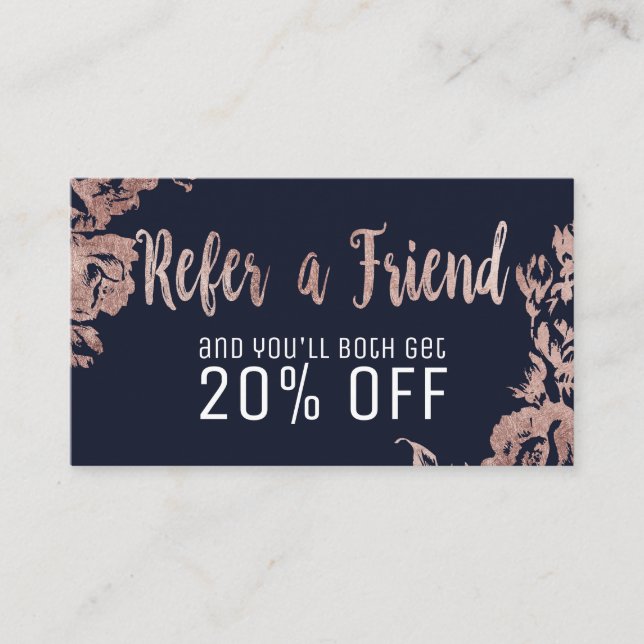 Rose Gold Flowers Navy Blue Referral Card (Front)