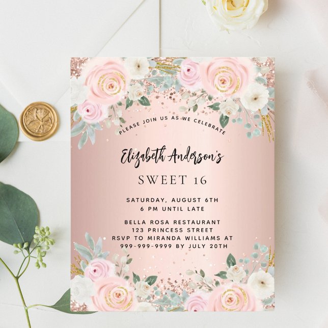Rose gold flowers Sweet 16 budget invitation (Creator Uploaded)