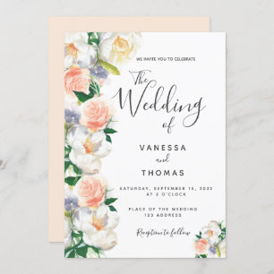 Rose gold flowers white script wedding invitation