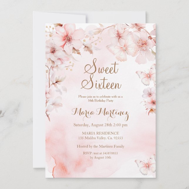Rose Gold Flowers With Gold Glitter Sweet 16  Invitation (Front)