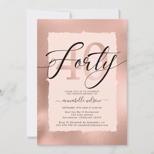 Rose Gold Foil 40th Birthday Photo  Invitation (Front)