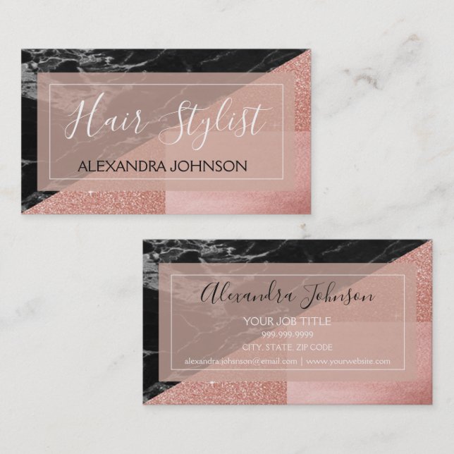Rose Gold Foil and Black Marble Hair Stylist Business Card (Front/Back)
