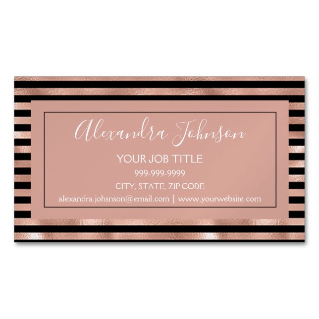 Rose Gold Foil and Black Striped Professional Magnetic Business Card (Front)