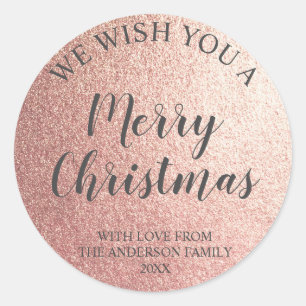Rose Gold Foil and Grey Script Merry Christmas Classic Round Sticker