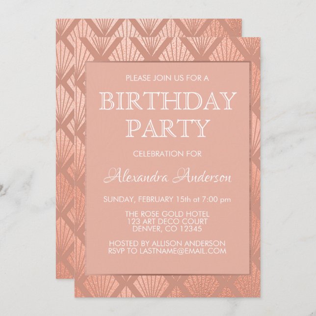 Rose Gold Foil Art Deco Birthday Party Invitation (Front/Back)
