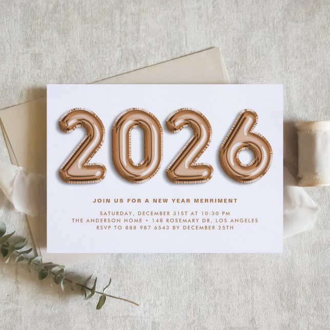 Rose Gold Foil Balloons 2024 New Year's Eve Party Invitation (Customizable 2026 New Year party invitation featuring rose gold foil mylar balloons.)