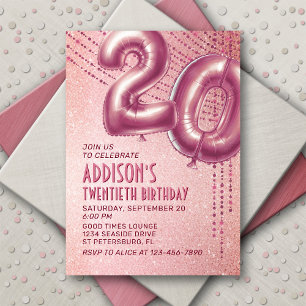 Rose Gold Foil Balloons 20th Birthday Invitation