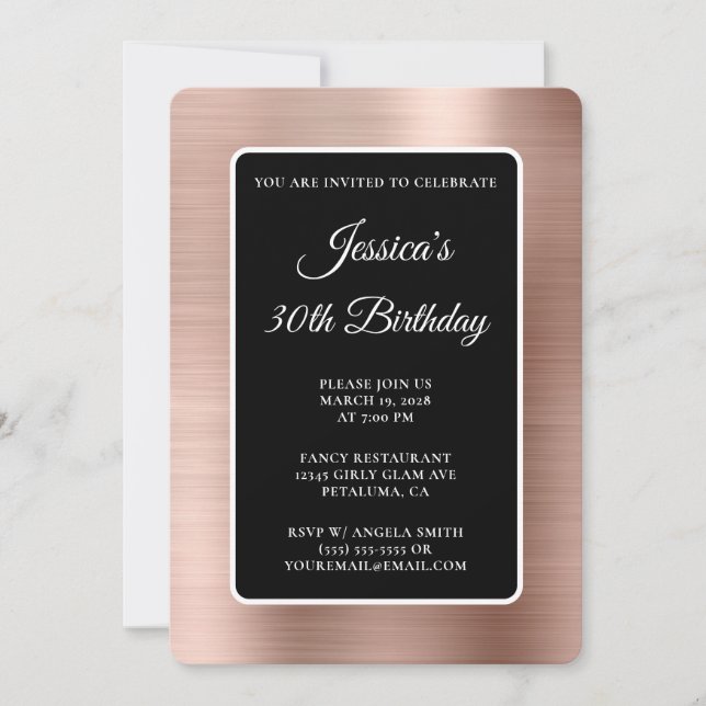 Rose Gold Foil Black and White 30th Birthday Invitation (Front)
