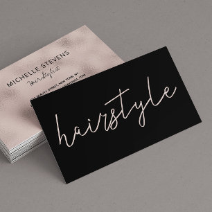 Rose gold foil black hair stylist handwritten business card