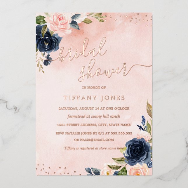ROSE GOLD FOIL Blush Navy Floral Bridal Shower  (Front)