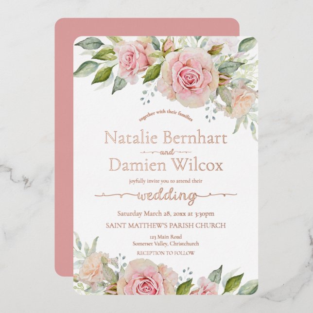 Rose Gold Foil Blush Pink Floral Wedding (Front/Back)