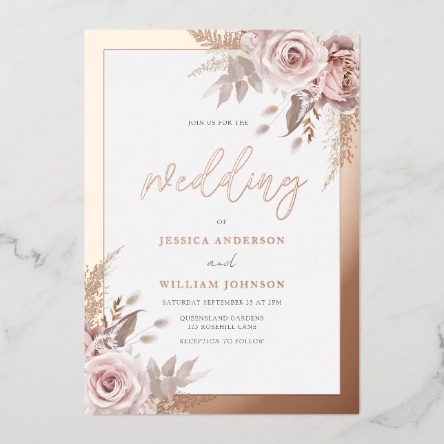 Rose Gold Foil Border Blush Dusty Rose Wedding (Front)