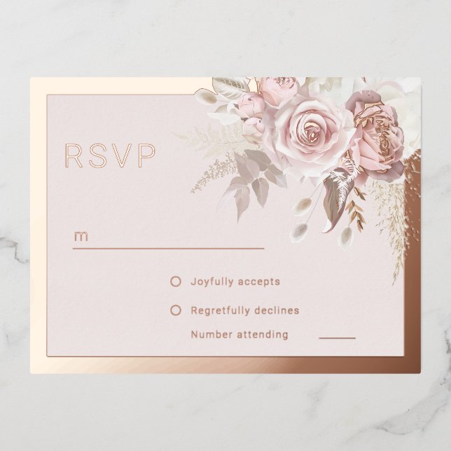 Rose Gold Foil Border Blush Floral Wedding RSVP Invitation Postcard (Front)