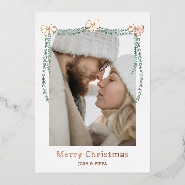 Rose Gold Foil Bow Garland Merry Christmas Photo Holiday Card (Front)