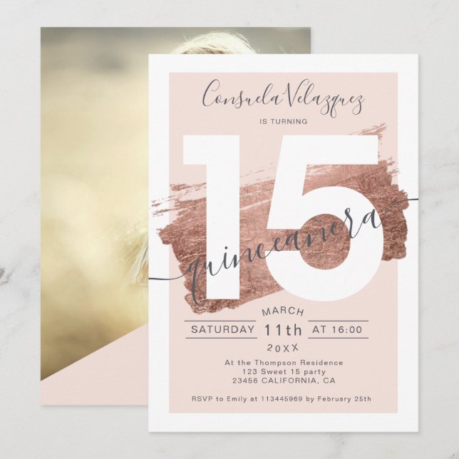 Rose gold foil brushstroke blush quinceanera photo invitation (Front/Back)