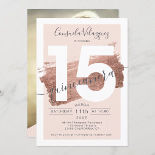 Rose gold foil brushstroke blush quinceanera photo invitation
