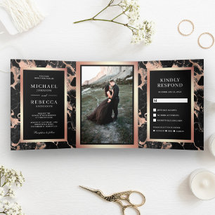 Rose Gold Foil Charcoal Black Marble Photo Wedding Tri-Fold Invitation