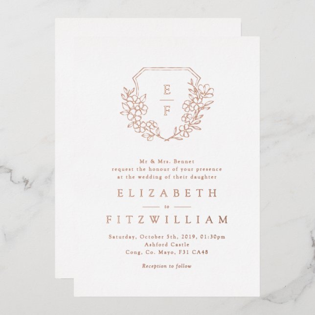 Rose Gold Foil Cherry Blossom Bloom Monogram Crest (Front/Back)