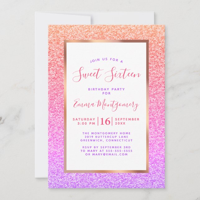 Rose Gold Foil Colourful Sweet 16 Birthday Party Invitation (Front)
