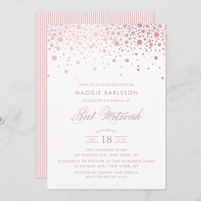 Rose Gold Foil Confetti Bat Mitzvah Invitation (Front/Back)