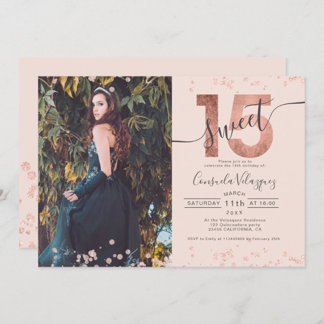 Rose gold foil confetti photo blush Quinceanera Invitation (Front/Back)