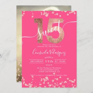 Rose gold foil confetti pink Quinceanera photo Invitation