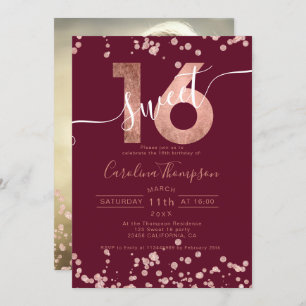 Rose gold foil confetti red Sweet 16 photo Invitation
