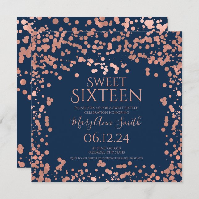 Rose Gold Foil Confetti Sweet 16th Invite Navy  (Front/Back)