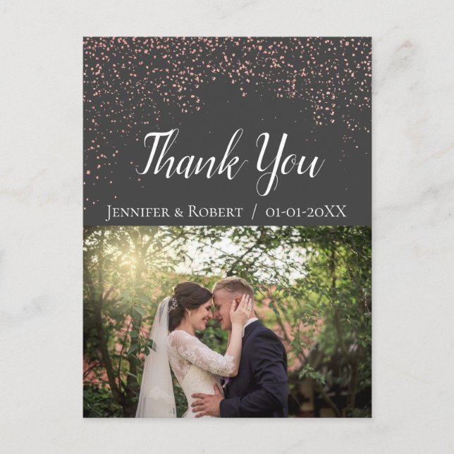 Rose gold foil confetti wedding photo thank you postcard (Front)
