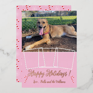 Rose Gold Foil Dog Photo Collage Pink Holiday Card