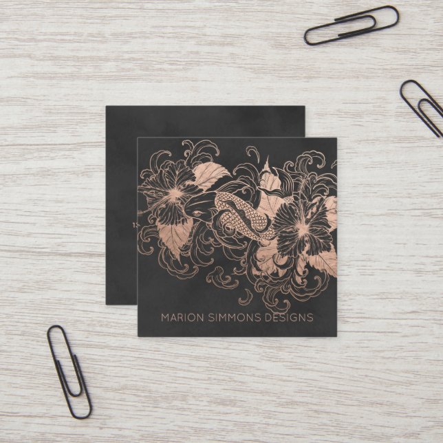 Rose Gold Foil Floral Koi Square Business Card (Front/Back In Situ)