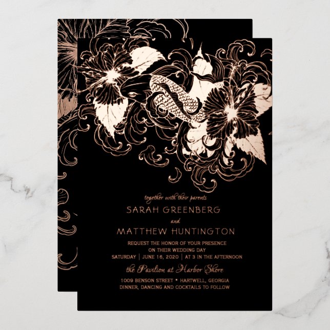 Rose Gold Foil Floral Koi Wedding Invitation (Front/Back)