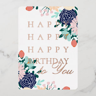 Rose Gold Foil Floral Photo Happy Birthday Card