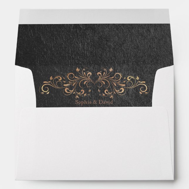 Rose Gold Foil Flourish Black Wedding Envelope (Back (Bottom))