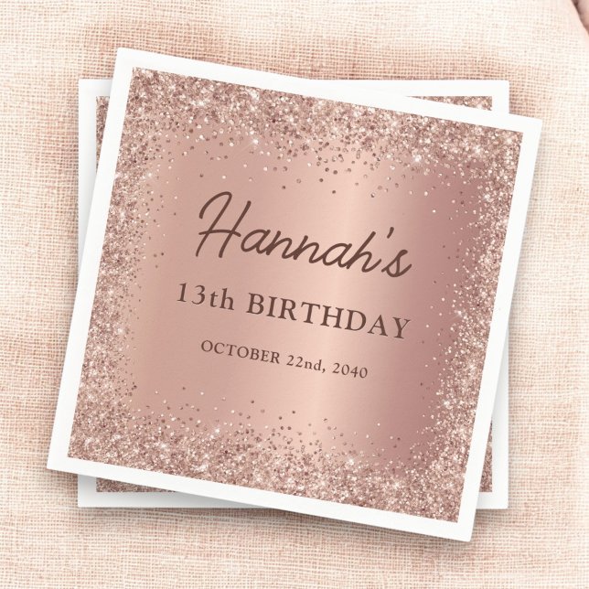 Rose Gold Foil Glitter 13th Birthday Name Napkin (Creator Uploaded)