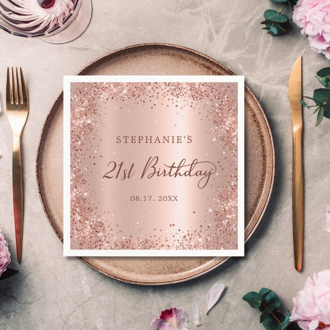 Rose Gold Foil Glitter 21st Birthday Monogram Napkin (Creator Uploaded)