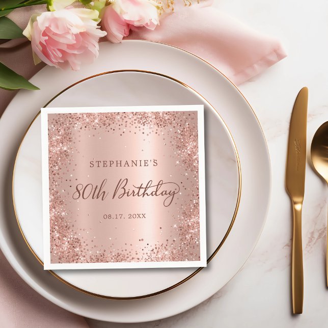 Rose Gold Foil Glitter 80th Birthday Monogram Napkin (Creator Uploaded)