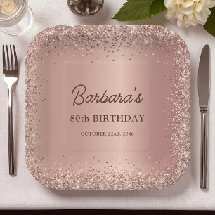 Rose Gold Foil Glitter 80th Birthday Name Paper Plate