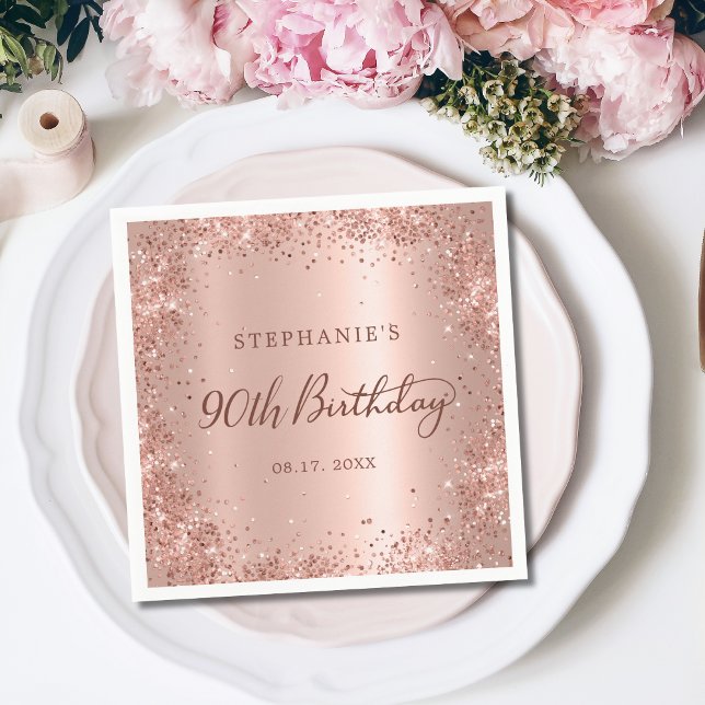Rose Gold Foil Glitter 90th Birthday Monogram Napkin (Creator Uploaded)