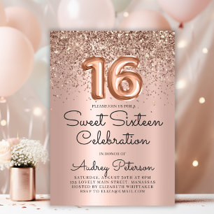 Rose Gold Foil Glitter Balloon Sweet 16th Birthday Invitation