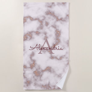 Rose Gold Foil Glitter in Pink Marble Monogram Beach Towel