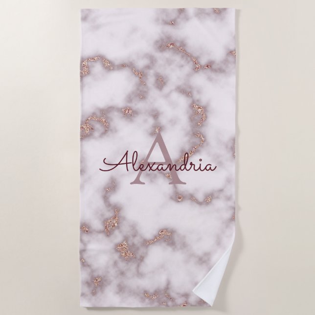 Rose Gold Foil Glitter in Pink Marble Monogram Beach Towel (Front)