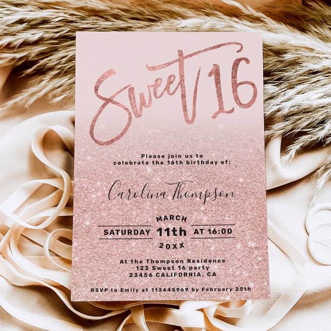 Rose gold foil glitter script blush Sweet 16 photo Invitation (Creator Uploaded)