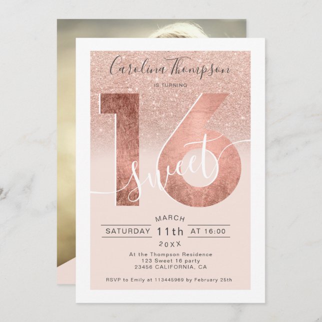 Rose gold foil glitter script blush Sweet 16 photo Invitation (Front/Back)