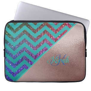 Rose Gold Foil Glittery Chevron Teal Green Girly  Laptop Sleeve