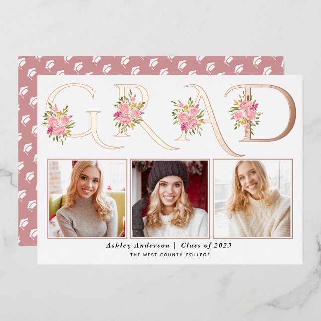 Rose gold foil GRAD photo graduation announcement (Front/Back)