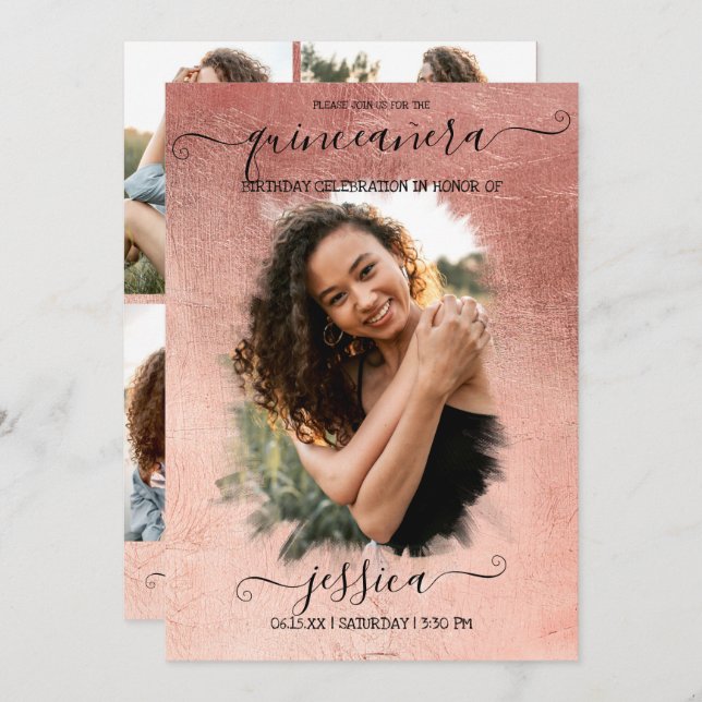 Rose Gold Foil Halo Photo Collage Quinceañera Invitation (Front/Back)