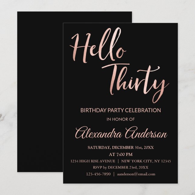 Rose Gold Foil Hello 30 Thirty Birthday Party Invitation (Front/Back)