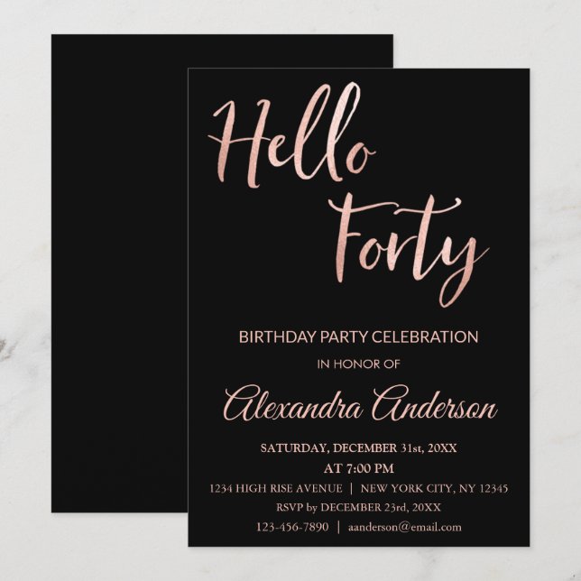 Rose Gold Foil Hello 40 Forty Birthday Party Invitation (Front/Back)
